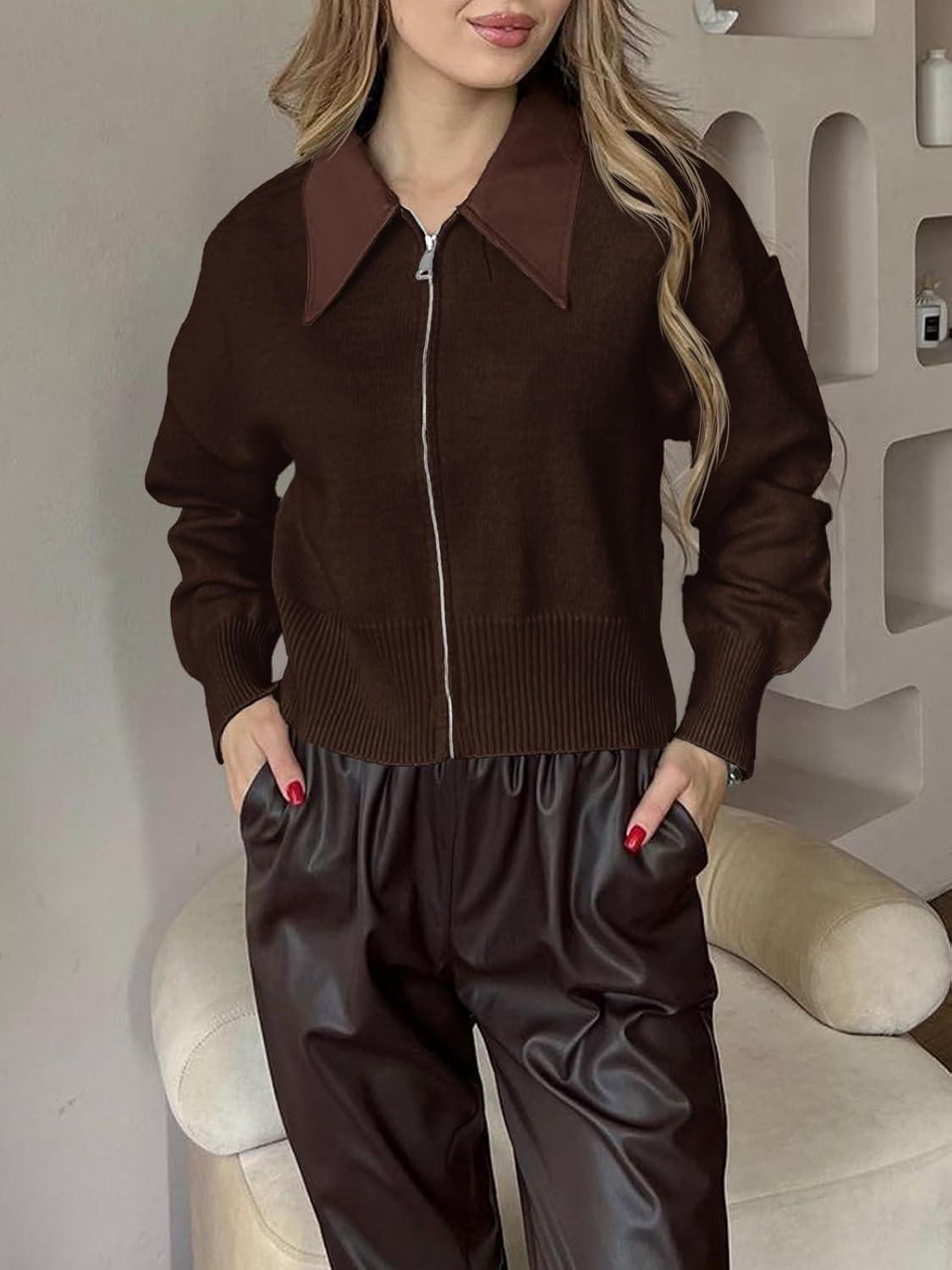 imageSaodimallsu Womens Zip Up Barn Jacket Cropped Faux Leather Collared Open Front Long Sleeve Fall Cardigan SweatersCoffee
