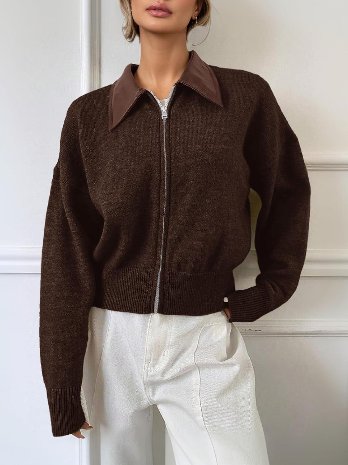 imageSaodimallsu Womens Zip Up Barn Jacket Cropped Faux Leather Collared Open Front Long Sleeve Fall Cardigan SweatersCoffee