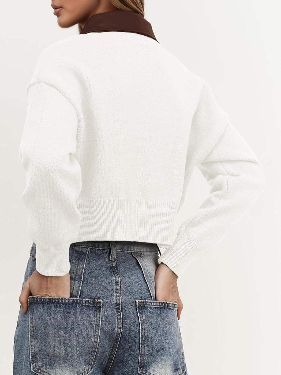 imageSaodimallsu Womens Zip Up Barn Jacket Cropped Faux Leather Collared Open Front Long Sleeve Fall Cardigan SweatersWhite