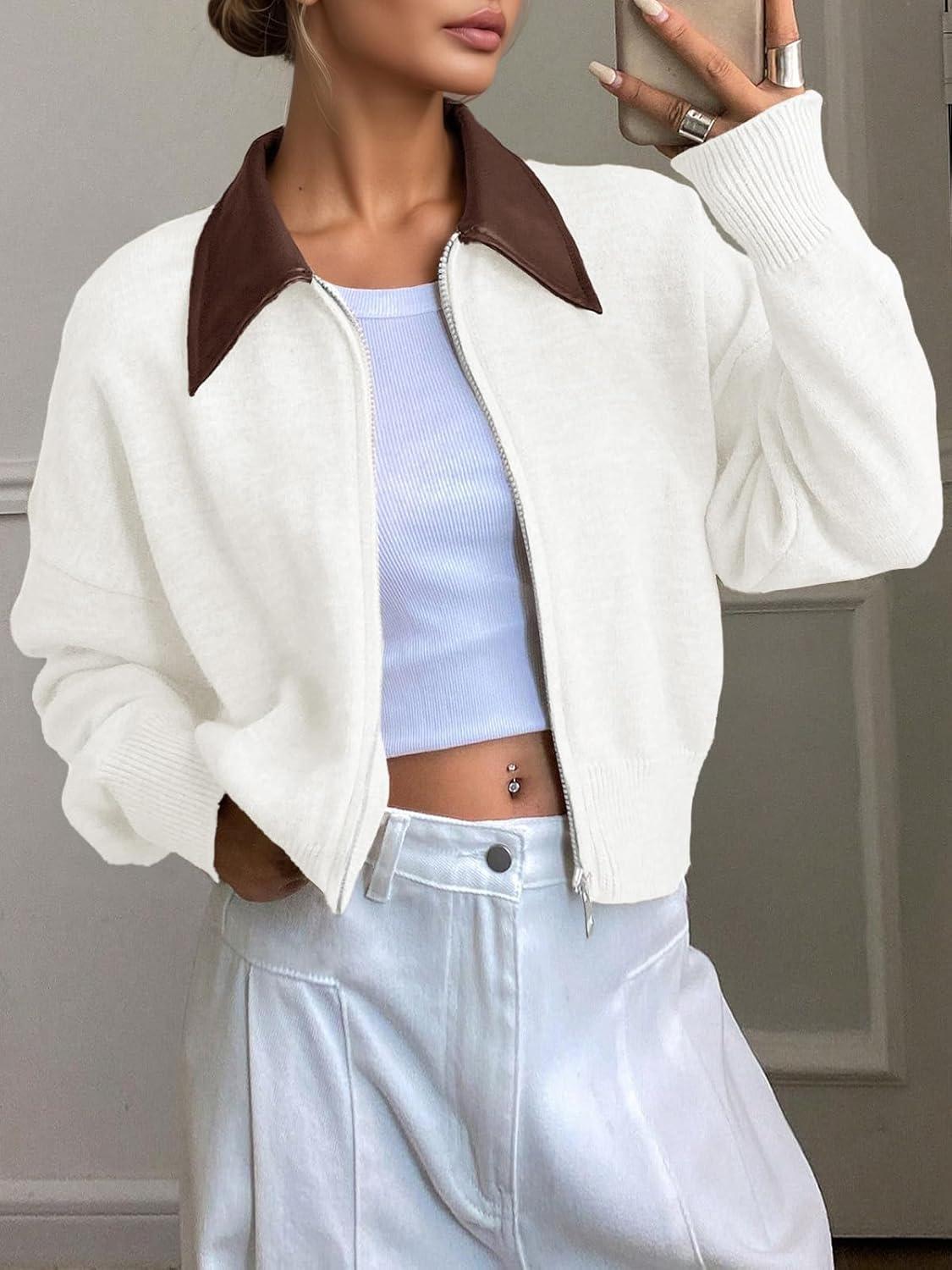 imageSaodimallsu Womens Zip Up Barn Jacket Cropped Faux Leather Collared Open Front Long Sleeve Fall Cardigan SweatersWhite