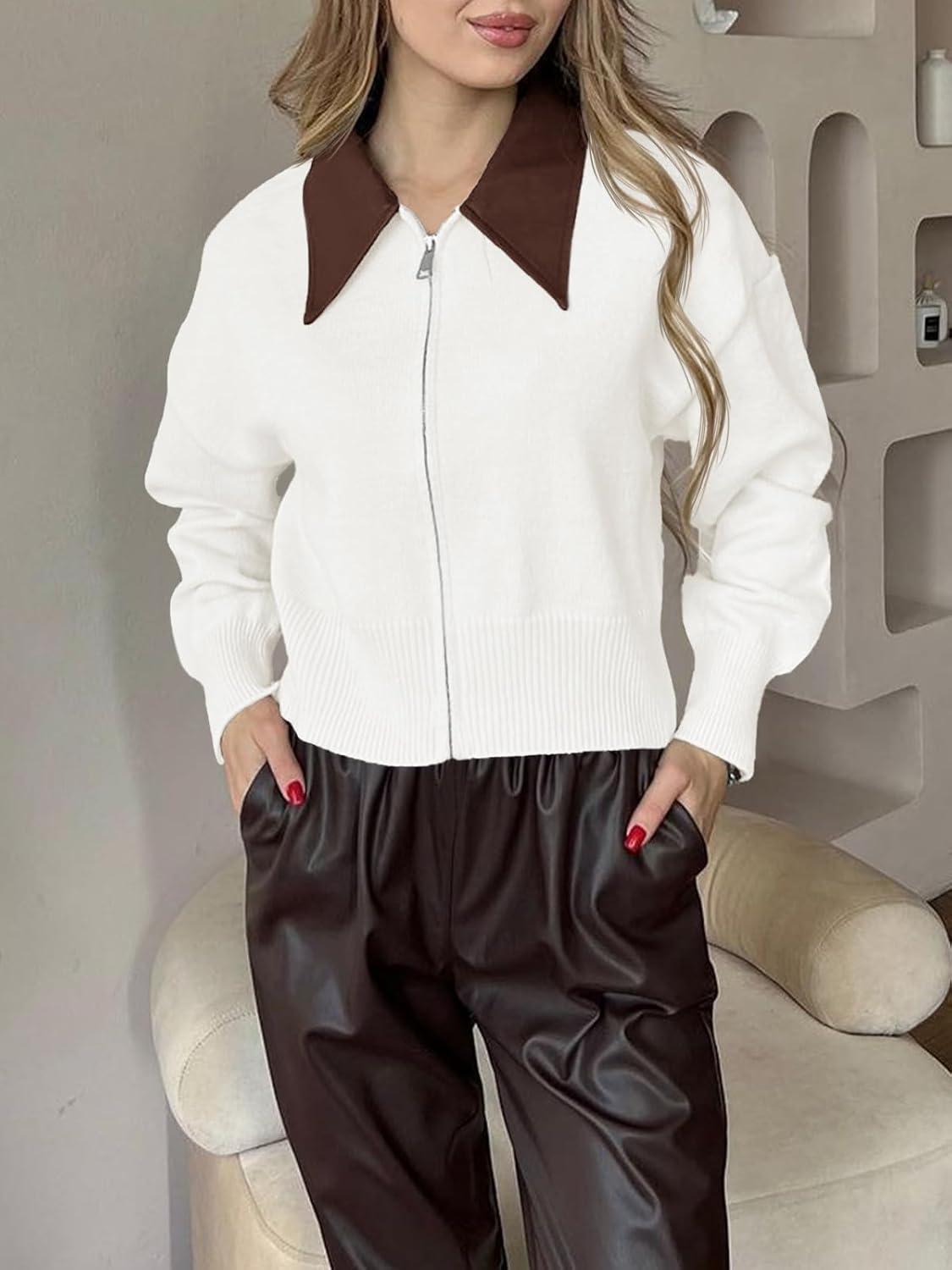 imageSaodimallsu Womens Zip Up Barn Jacket Cropped Faux Leather Collared Open Front Long Sleeve Fall Cardigan SweatersWhite
