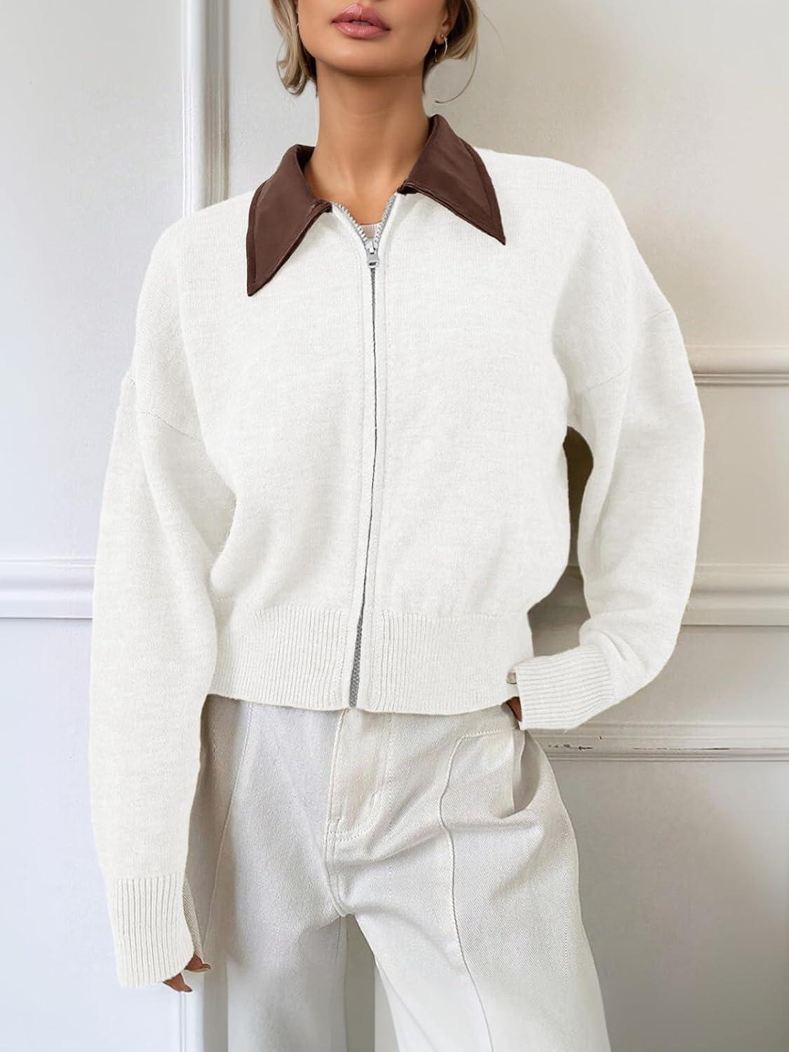 imageSaodimallsu Womens Zip Up Barn Jacket Cropped Faux Leather Collared Open Front Long Sleeve Fall Cardigan SweatersWhite