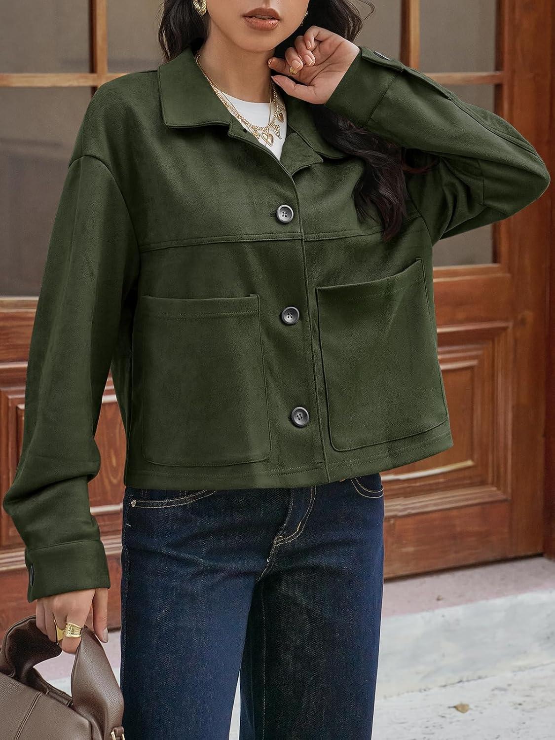imageTankaneo Womens Cropped Faux Suede Leather Jackets Lapel Collar Button Down Short Coats Fall Winter Vintage Trendy ShacketsArmy Green