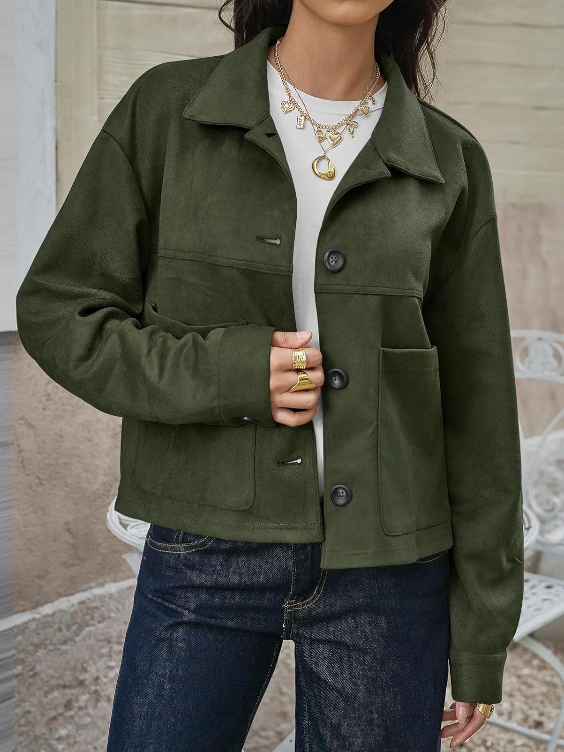 imageTankaneo Womens Cropped Faux Suede Leather Jackets Lapel Collar Button Down Short Coats Fall Winter Vintage Trendy ShacketsArmy Green