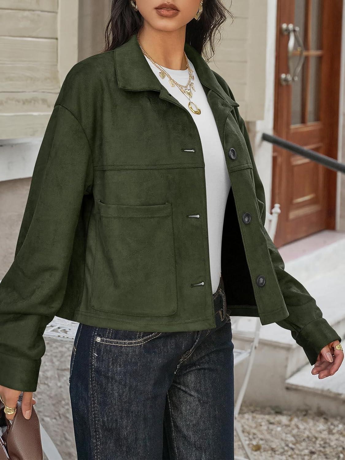 imageTankaneo Womens Cropped Faux Suede Leather Jackets Lapel Collar Button Down Short Coats Fall Winter Vintage Trendy ShacketsArmy Green