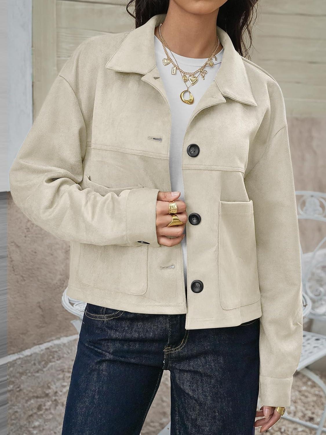 imageTankaneo Womens Cropped Faux Suede Leather Jackets Lapel Collar Button Down Short Coats Fall Winter Vintage Trendy ShacketsBeige