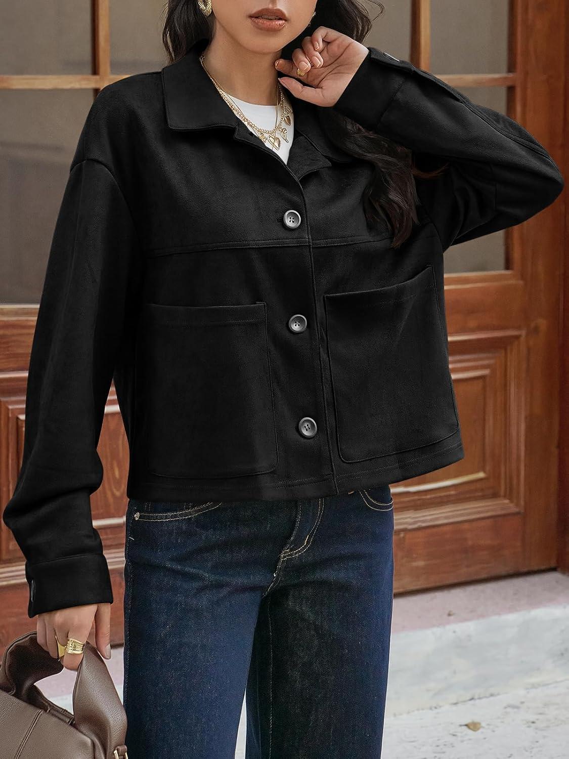 imageTankaneo Womens Cropped Faux Suede Leather Jackets Lapel Collar Button Down Short Coats Fall Winter Vintage Trendy ShacketsBlack