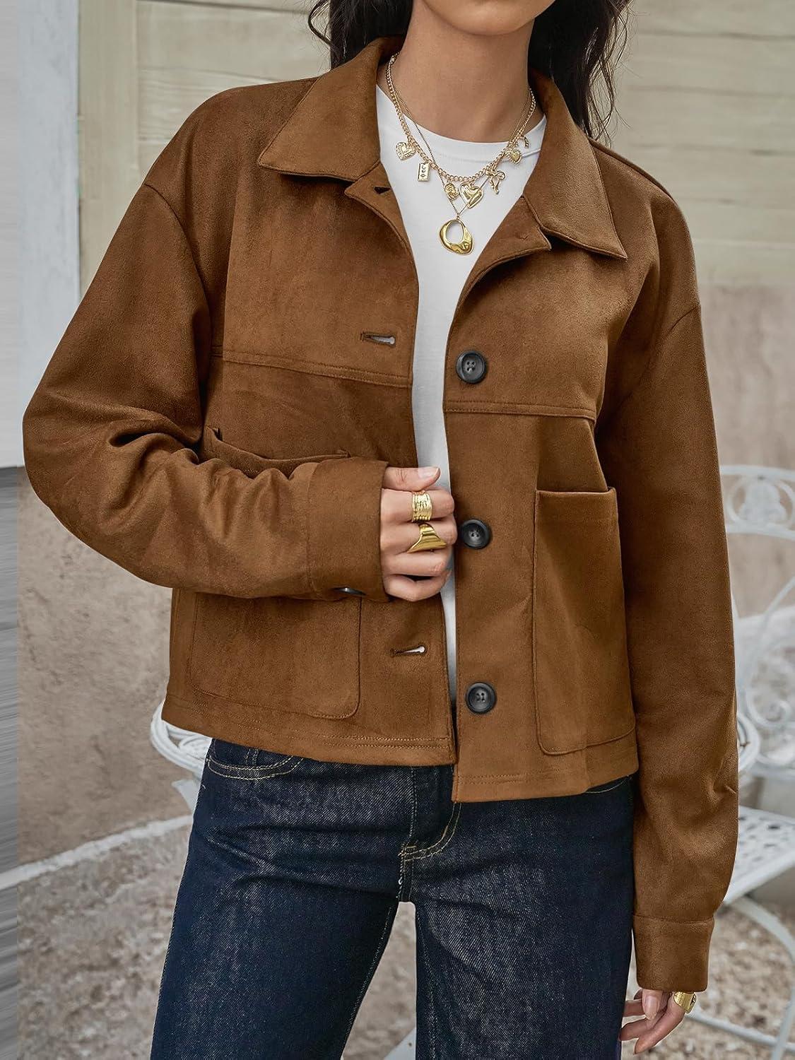 imageTankaneo Womens Cropped Faux Suede Leather Jackets Lapel Collar Button Down Short Coats Fall Winter Vintage Trendy ShacketsBrown