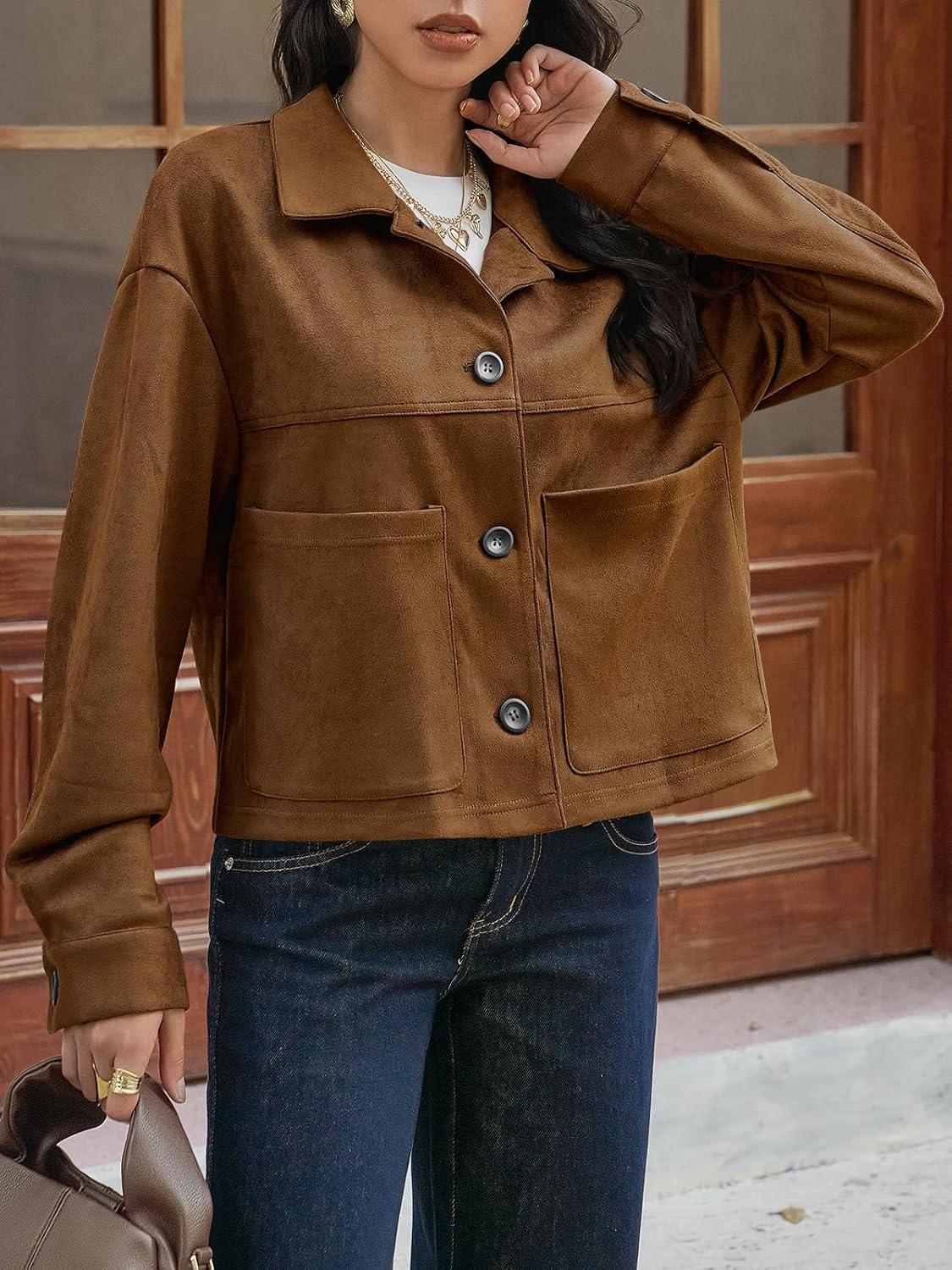 imageTankaneo Womens Cropped Faux Suede Leather Jackets Lapel Collar Button Down Short Coats Fall Winter Vintage Trendy ShacketsBrown