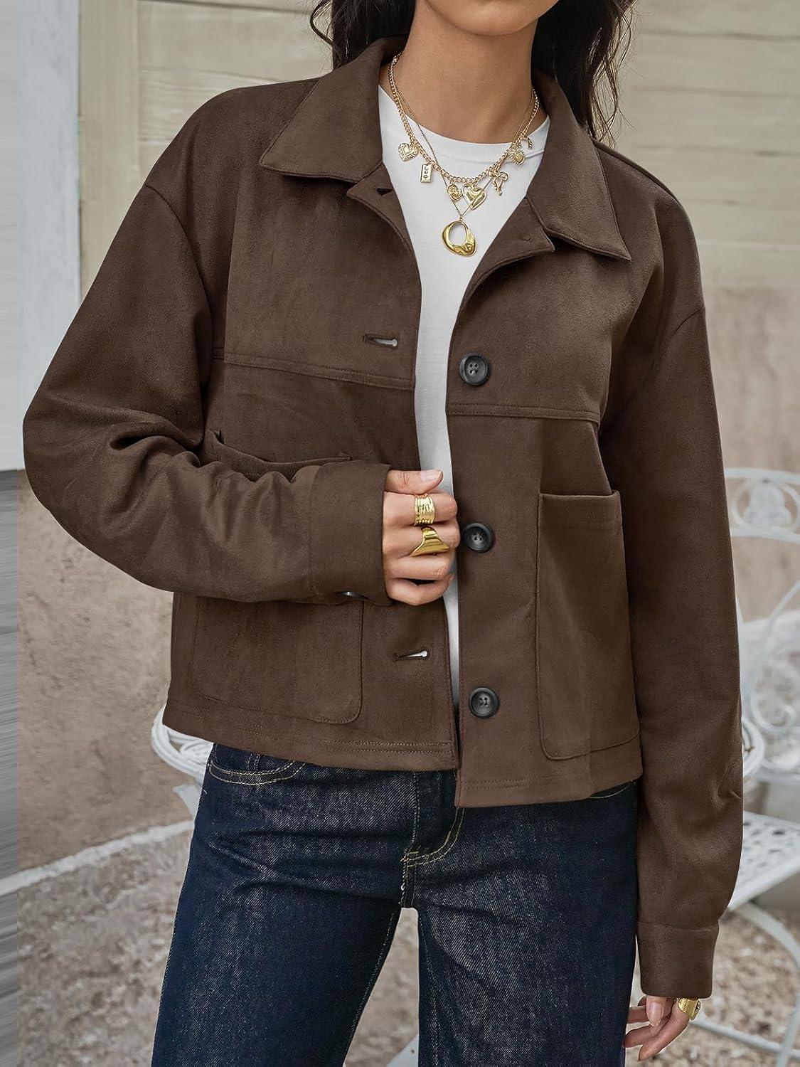 imageTankaneo Womens Cropped Faux Suede Leather Jackets Lapel Collar Button Down Short Coats Fall Winter Vintage Trendy ShacketsCoffee