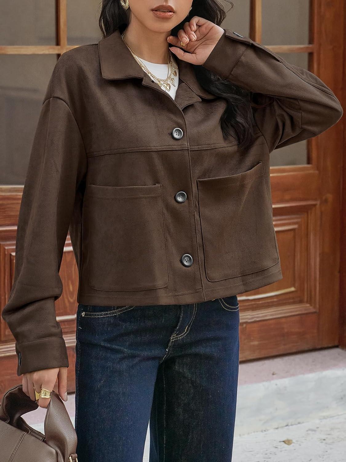 imageTankaneo Womens Cropped Faux Suede Leather Jackets Lapel Collar Button Down Short Coats Fall Winter Vintage Trendy ShacketsCoffee