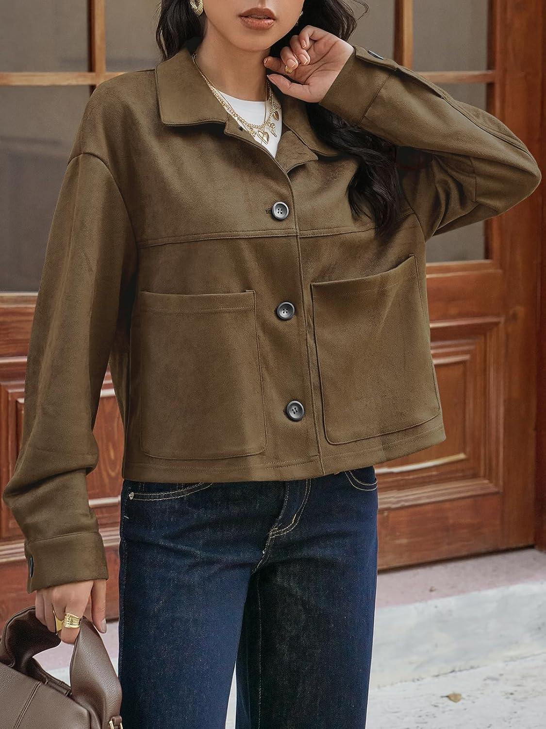 imageTankaneo Womens Cropped Faux Suede Leather Jackets Lapel Collar Button Down Short Coats Fall Winter Vintage Trendy ShacketsDark Brown