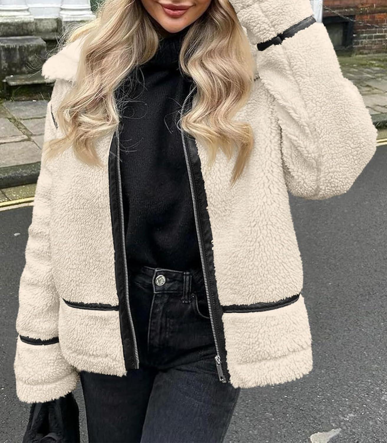 imageTankaneo Womens Faux Fur Jackets Winter Trendy Sherpa Moto Leather Patchwork Zip Up CoatApricot