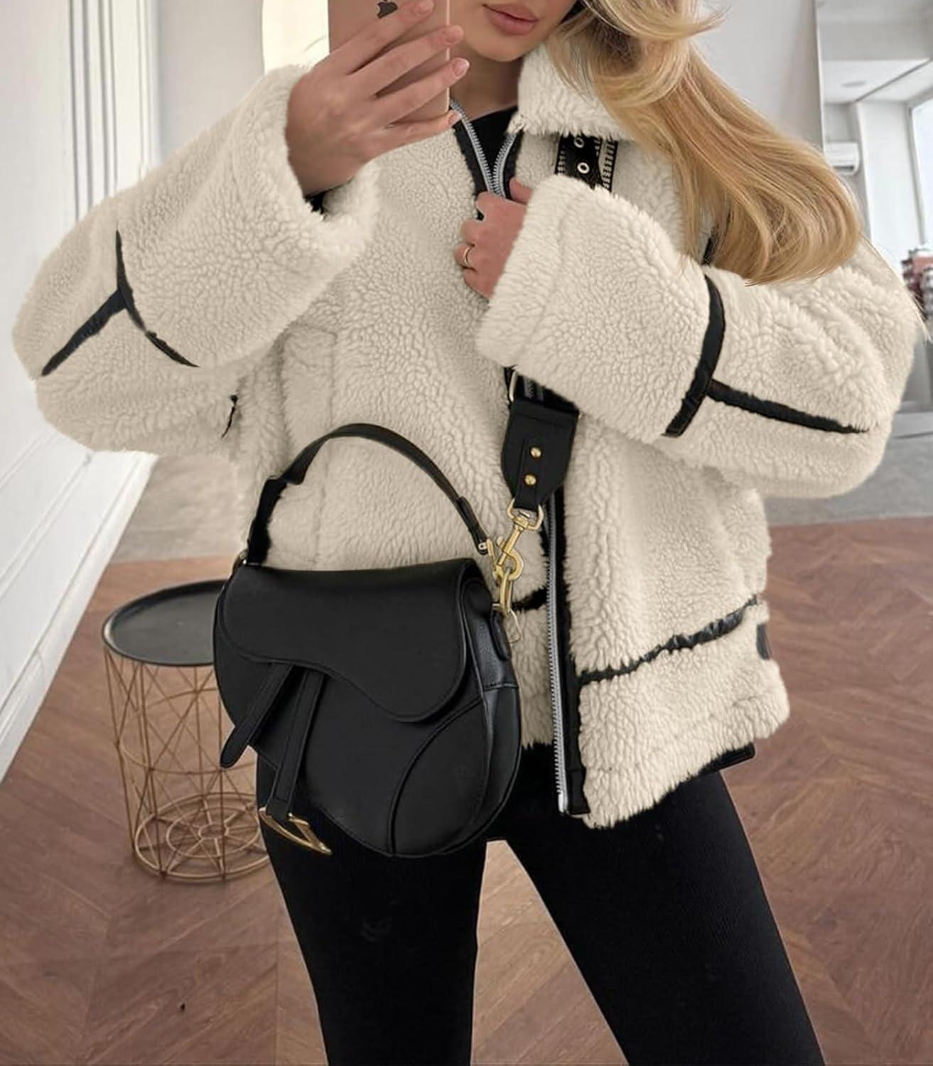 imageTankaneo Womens Faux Fur Jackets Winter Trendy Sherpa Moto Leather Patchwork Zip Up CoatApricot