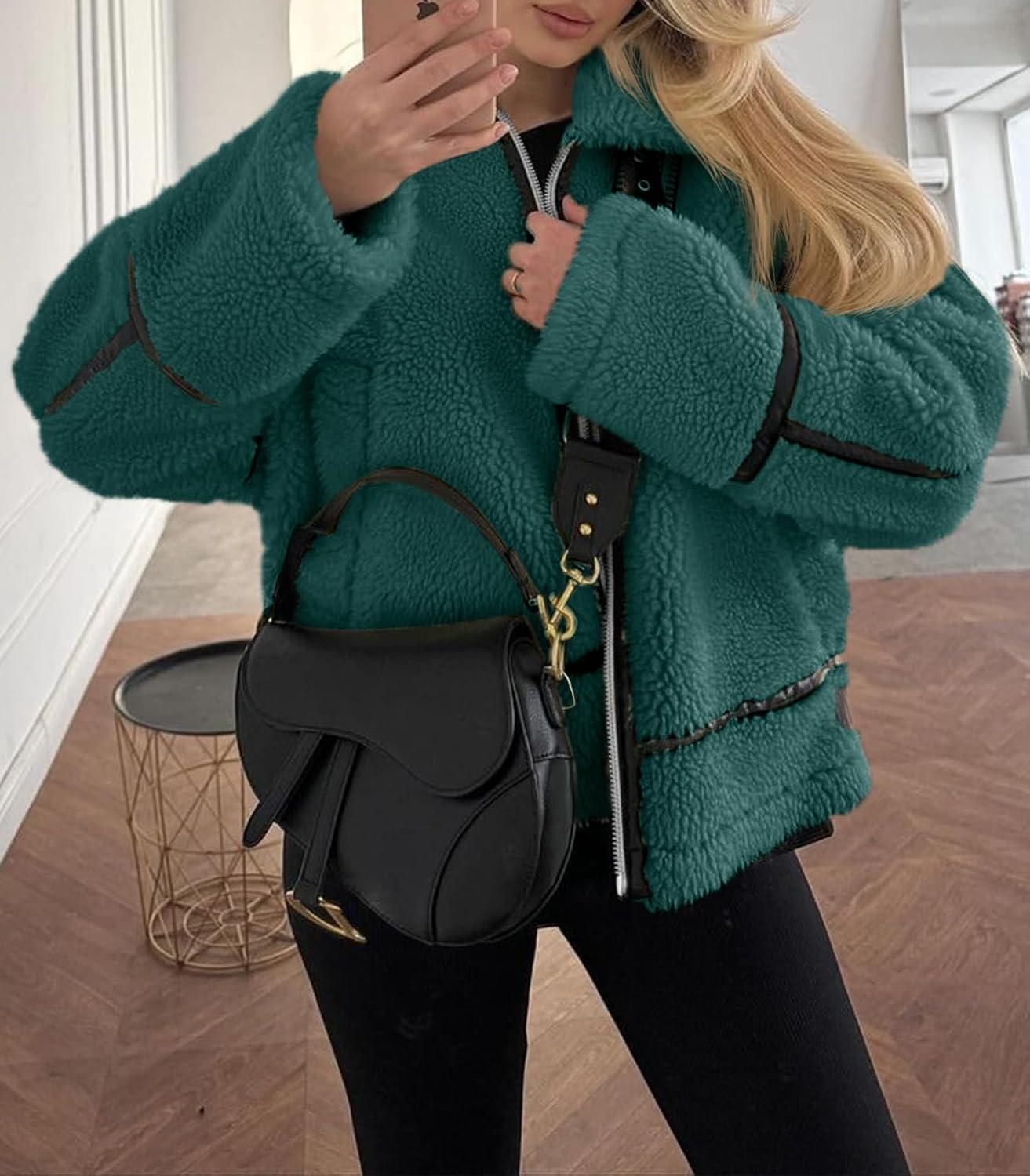 imageTankaneo Womens Faux Fur Jackets Winter Trendy Sherpa Moto Leather Patchwork Zip Up CoatArmy Green