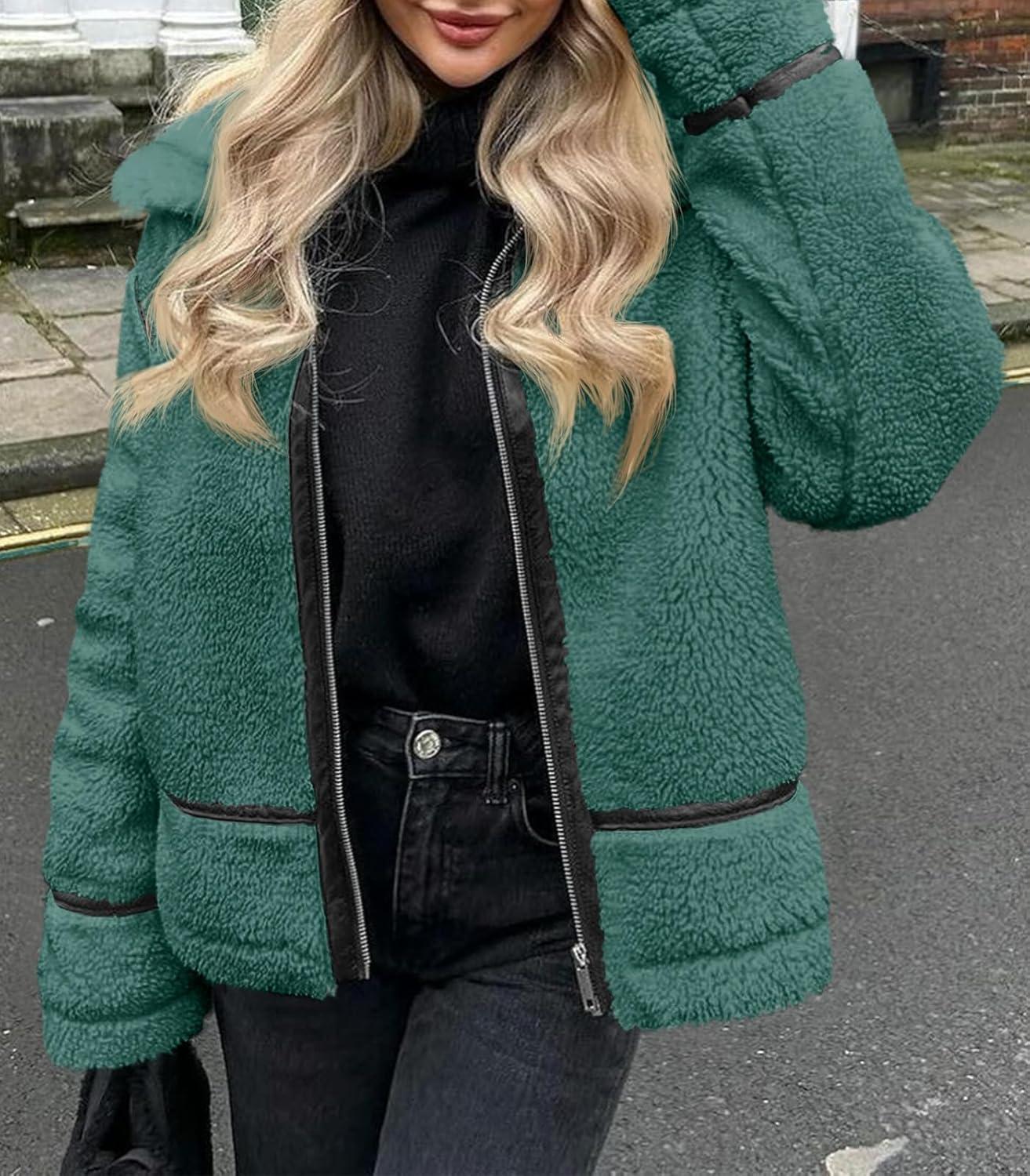 imageTankaneo Womens Faux Fur Jackets Winter Trendy Sherpa Moto Leather Patchwork Zip Up CoatArmy Green