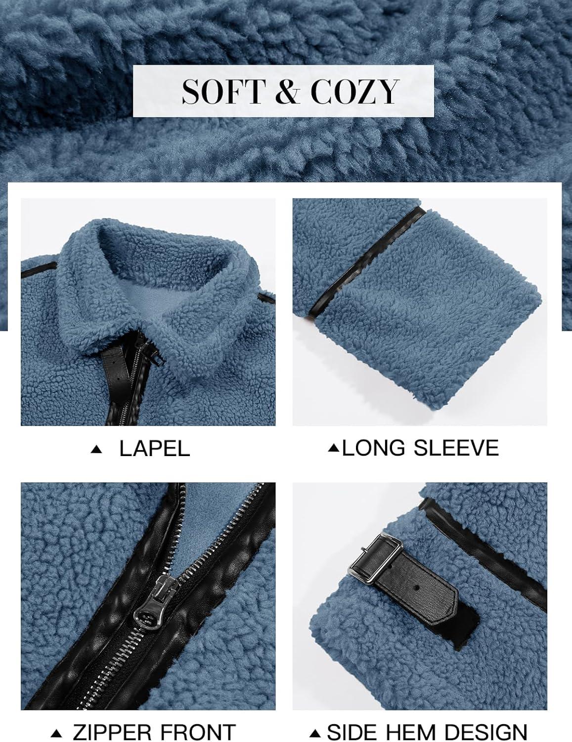 imageTankaneo Womens Faux Fur Jackets Winter Trendy Sherpa Moto Leather Patchwork Zip Up CoatBlue