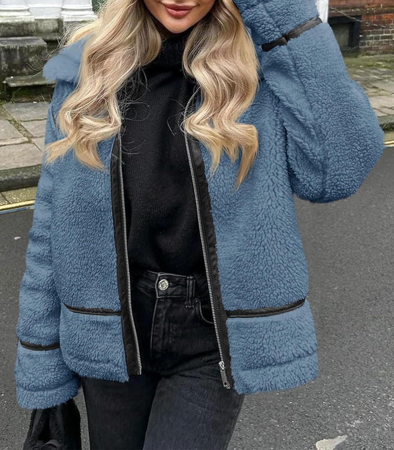 imageTankaneo Womens Faux Fur Jackets Winter Trendy Sherpa Moto Leather Patchwork Zip Up CoatBlue