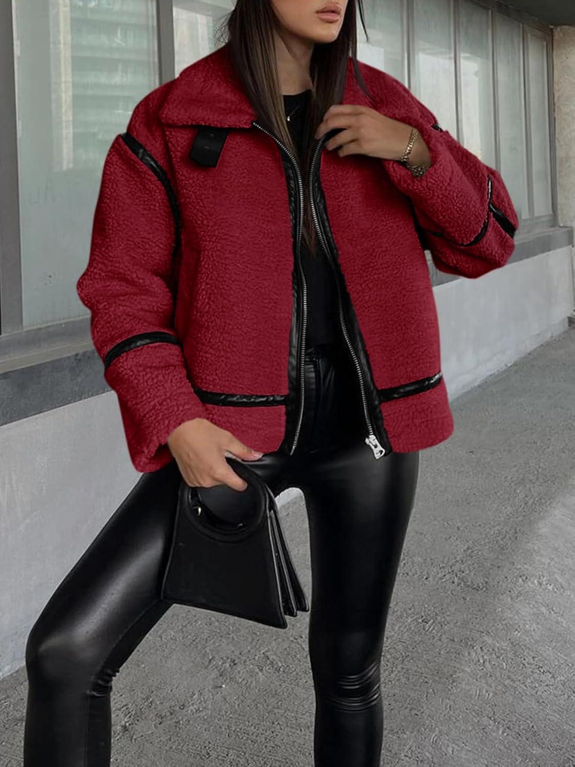 imageTankaneo Womens Faux Fur Jackets Winter Trendy Sherpa Moto Leather Patchwork Zip Up CoatBurgundy