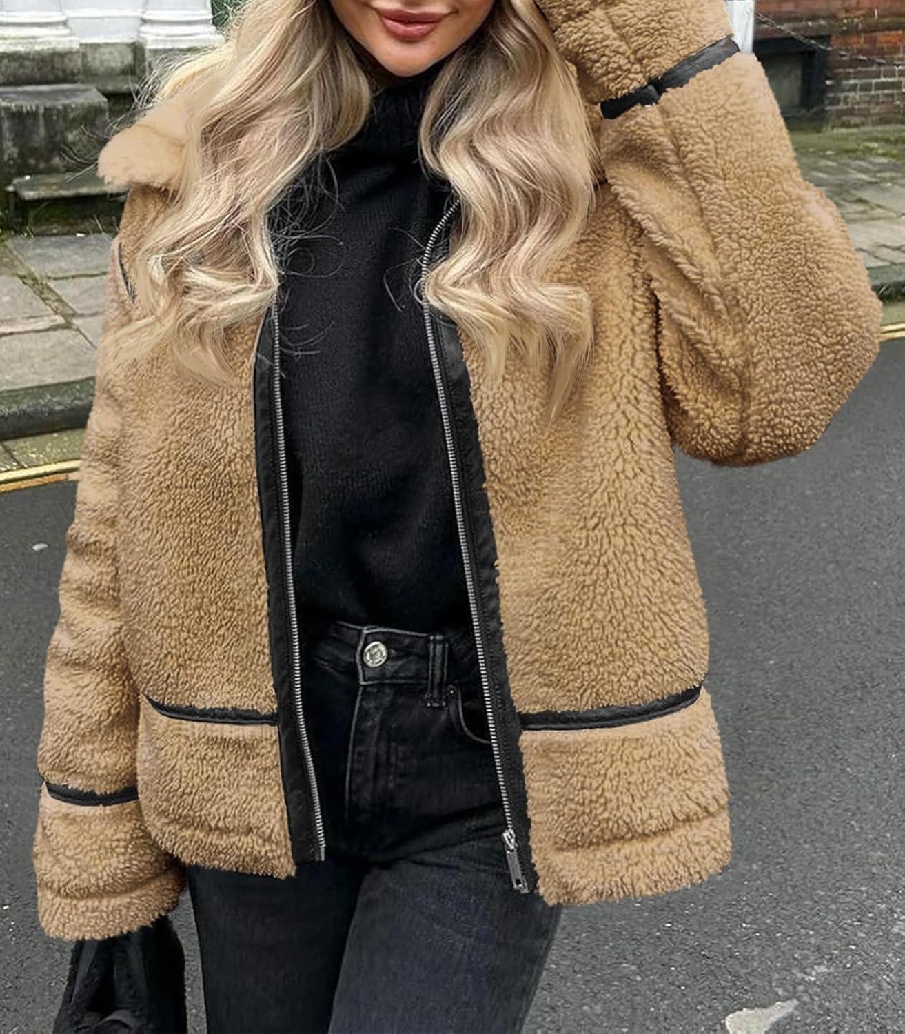 imageTankaneo Womens Faux Fur Jackets Winter Trendy Sherpa Moto Leather Patchwork Zip Up CoatKhaki