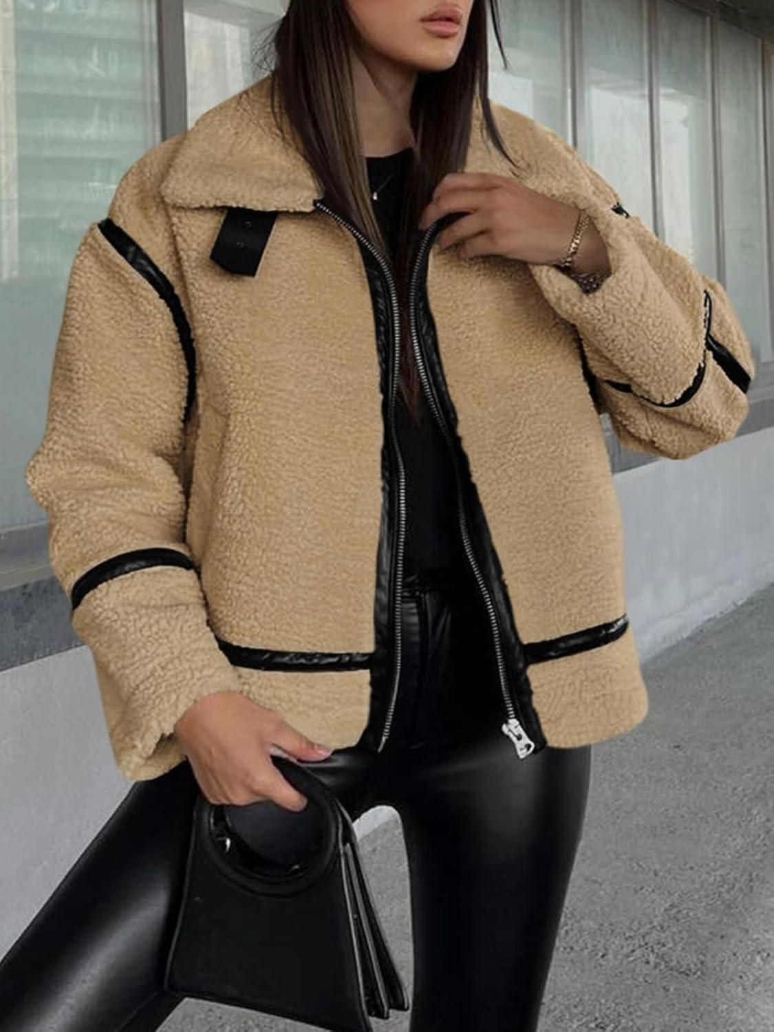 imageTankaneo Womens Faux Fur Jackets Winter Trendy Sherpa Moto Leather Patchwork Zip Up CoatKhaki