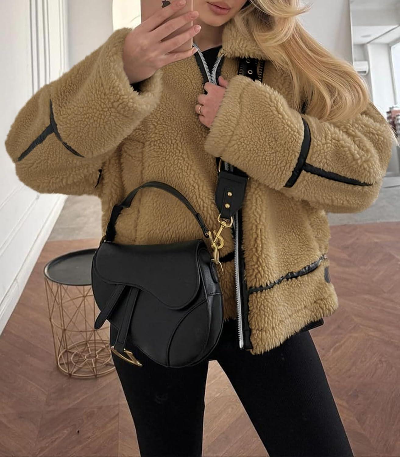 imageTankaneo Womens Faux Fur Jackets Winter Trendy Sherpa Moto Leather Patchwork Zip Up CoatKhaki