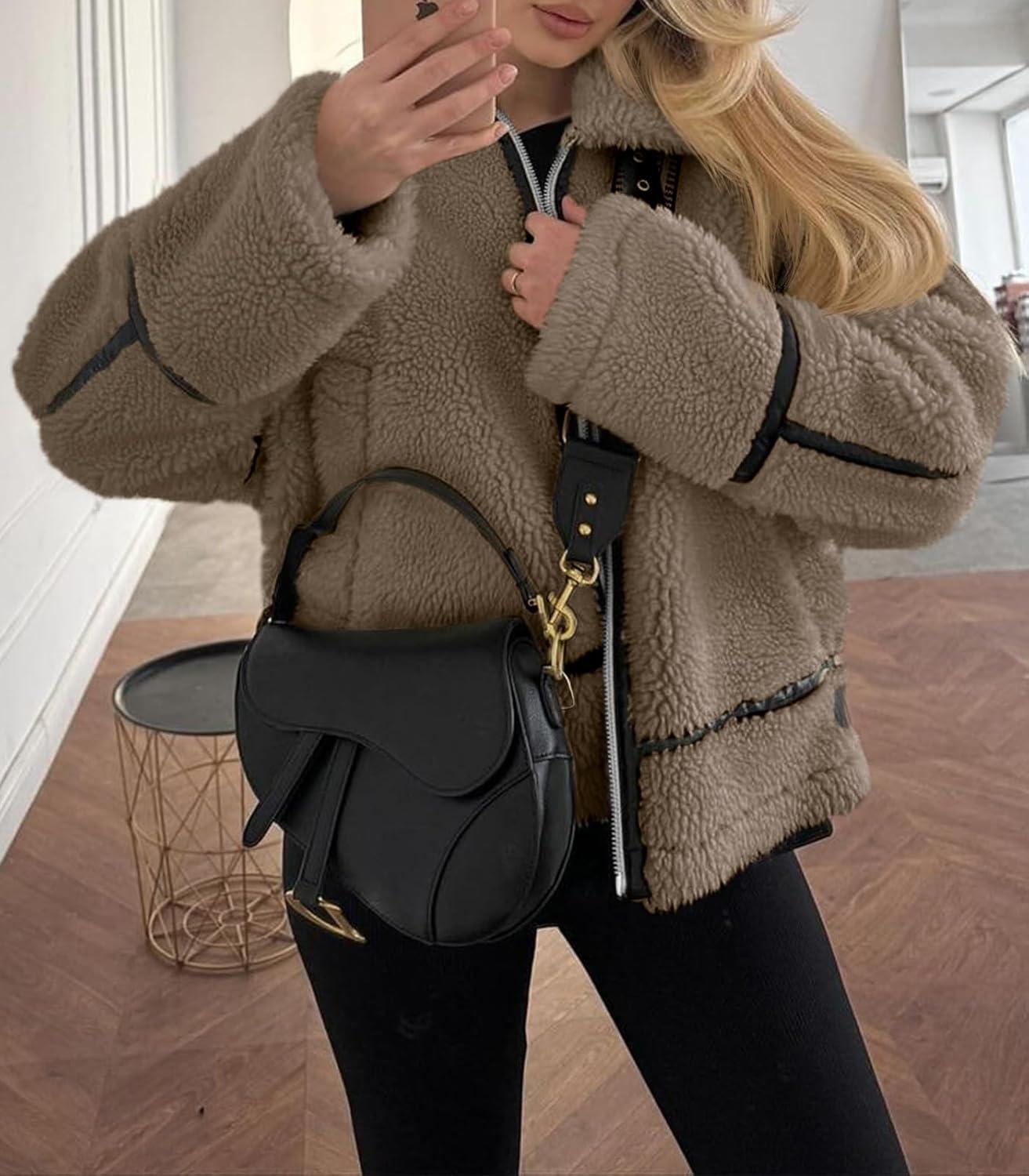 imageTankaneo Womens Faux Fur Jackets Winter Trendy Sherpa Moto Leather Patchwork Zip Up CoatLight Brown
