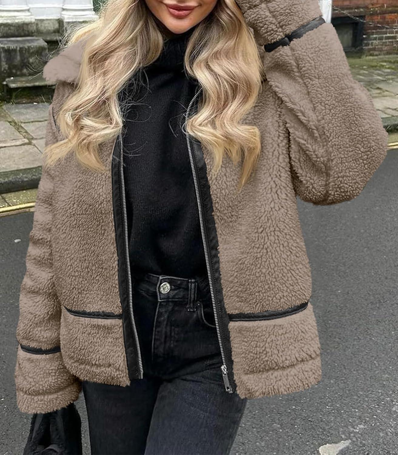 imageTankaneo Womens Faux Fur Jackets Winter Trendy Sherpa Moto Leather Patchwork Zip Up CoatLight Brown