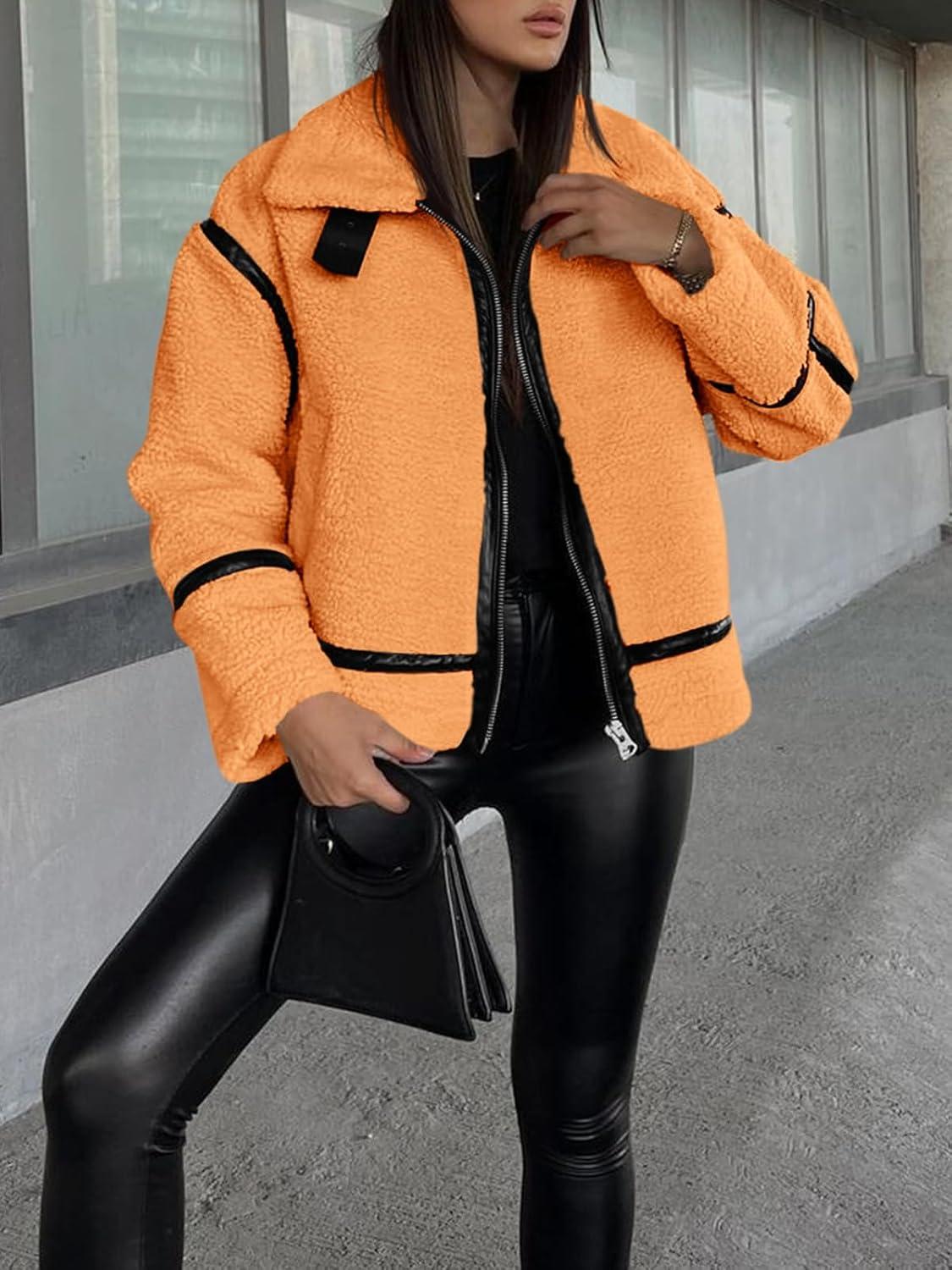 imageTankaneo Womens Faux Fur Jackets Winter Trendy Sherpa Moto Leather Patchwork Zip Up CoatOrange