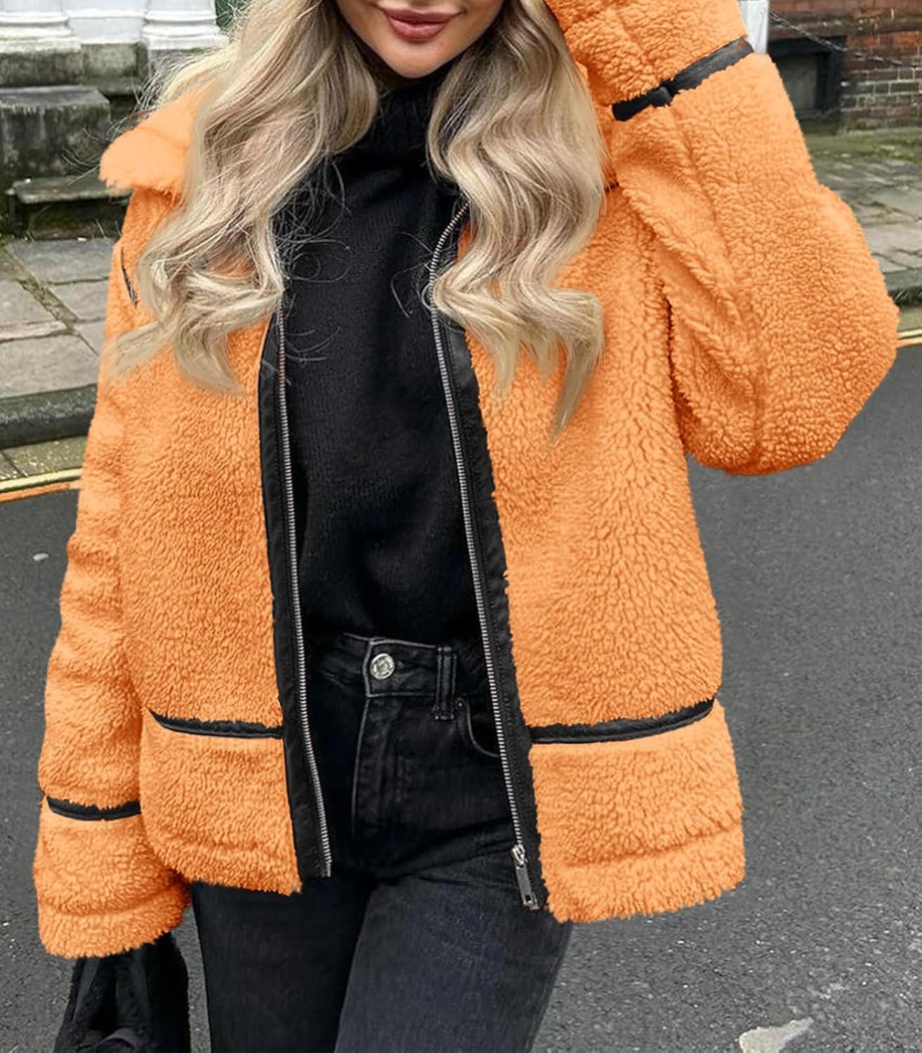 imageTankaneo Womens Faux Fur Jackets Winter Trendy Sherpa Moto Leather Patchwork Zip Up CoatOrange
