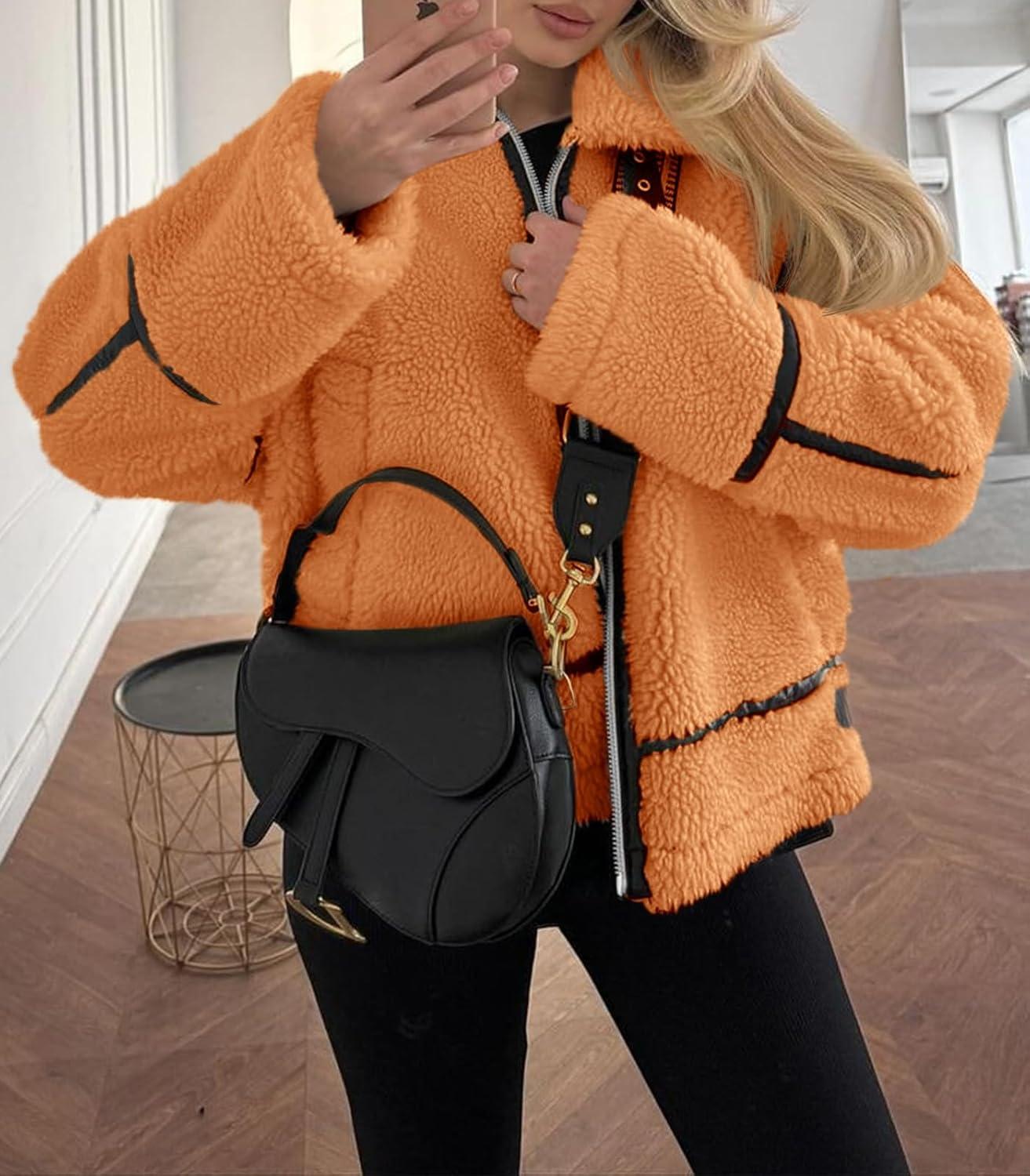 imageTankaneo Womens Faux Fur Jackets Winter Trendy Sherpa Moto Leather Patchwork Zip Up CoatOrange
