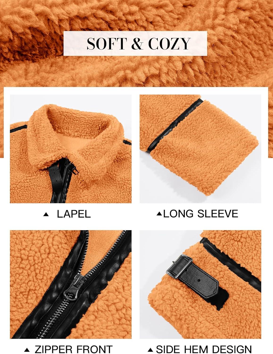 imageTankaneo Womens Faux Fur Jackets Winter Trendy Sherpa Moto Leather Patchwork Zip Up CoatOrange