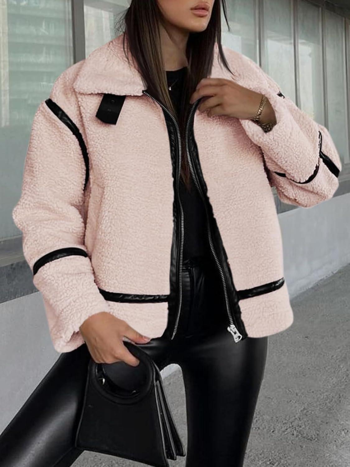 imageTankaneo Womens Faux Fur Jackets Winter Trendy Sherpa Moto Leather Patchwork Zip Up CoatPink