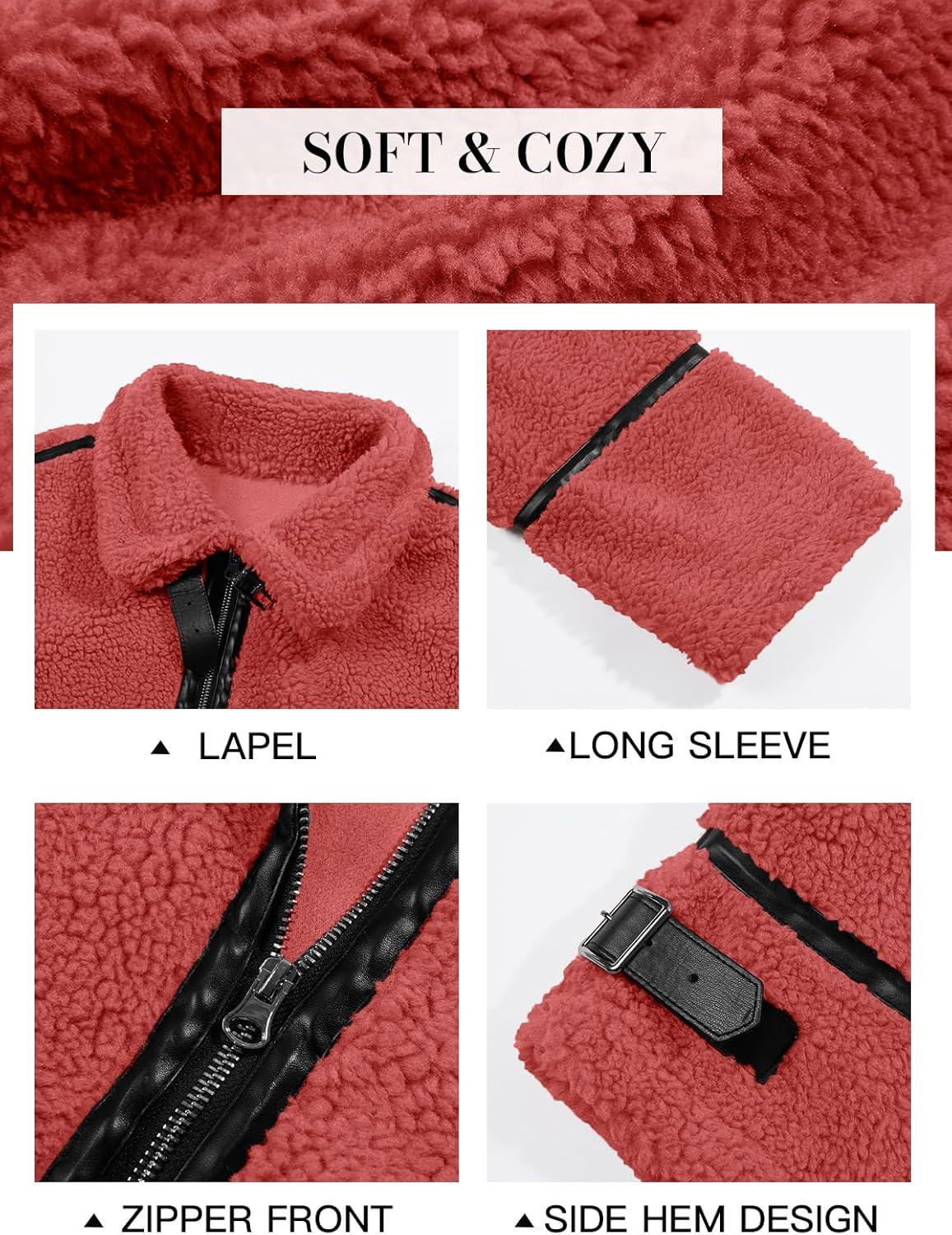imageTankaneo Womens Faux Fur Jackets Winter Trendy Sherpa Moto Leather Patchwork Zip Up CoatRed