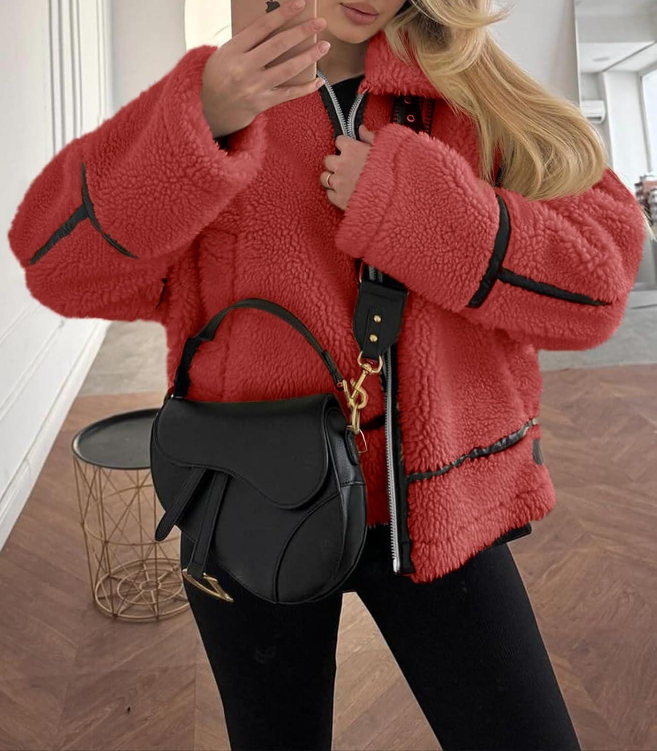 imageTankaneo Womens Faux Fur Jackets Winter Trendy Sherpa Moto Leather Patchwork Zip Up CoatRed