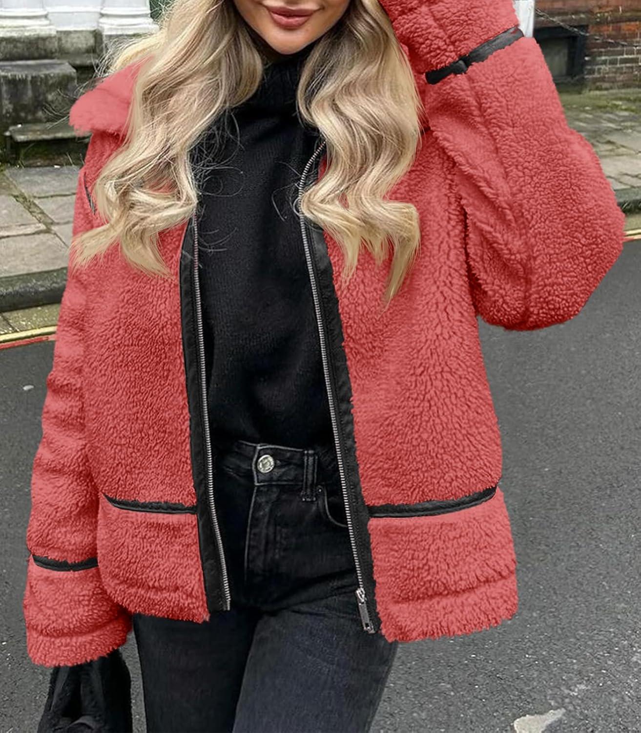 imageTankaneo Womens Faux Fur Jackets Winter Trendy Sherpa Moto Leather Patchwork Zip Up CoatRed