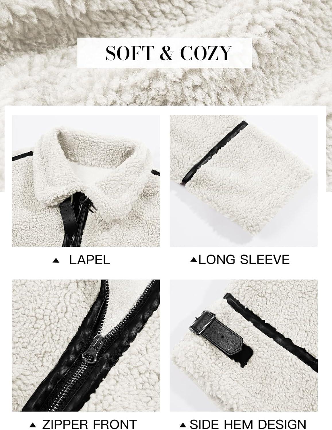 imageTankaneo Womens Faux Fur Jackets Winter Trendy Sherpa Moto Leather Patchwork Zip Up CoatWhite