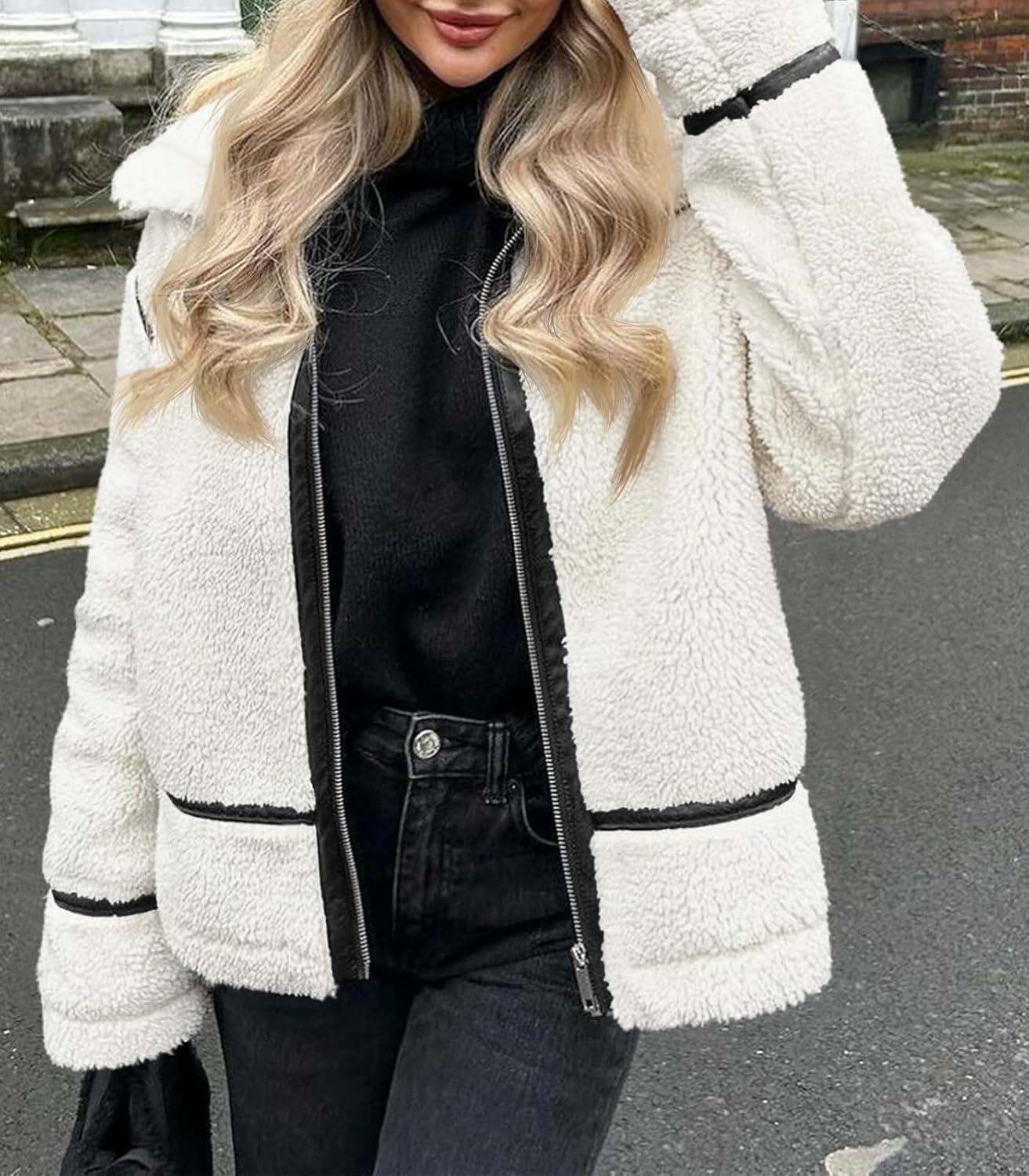 imageTankaneo Womens Faux Fur Jackets Winter Trendy Sherpa Moto Leather Patchwork Zip Up CoatWhite