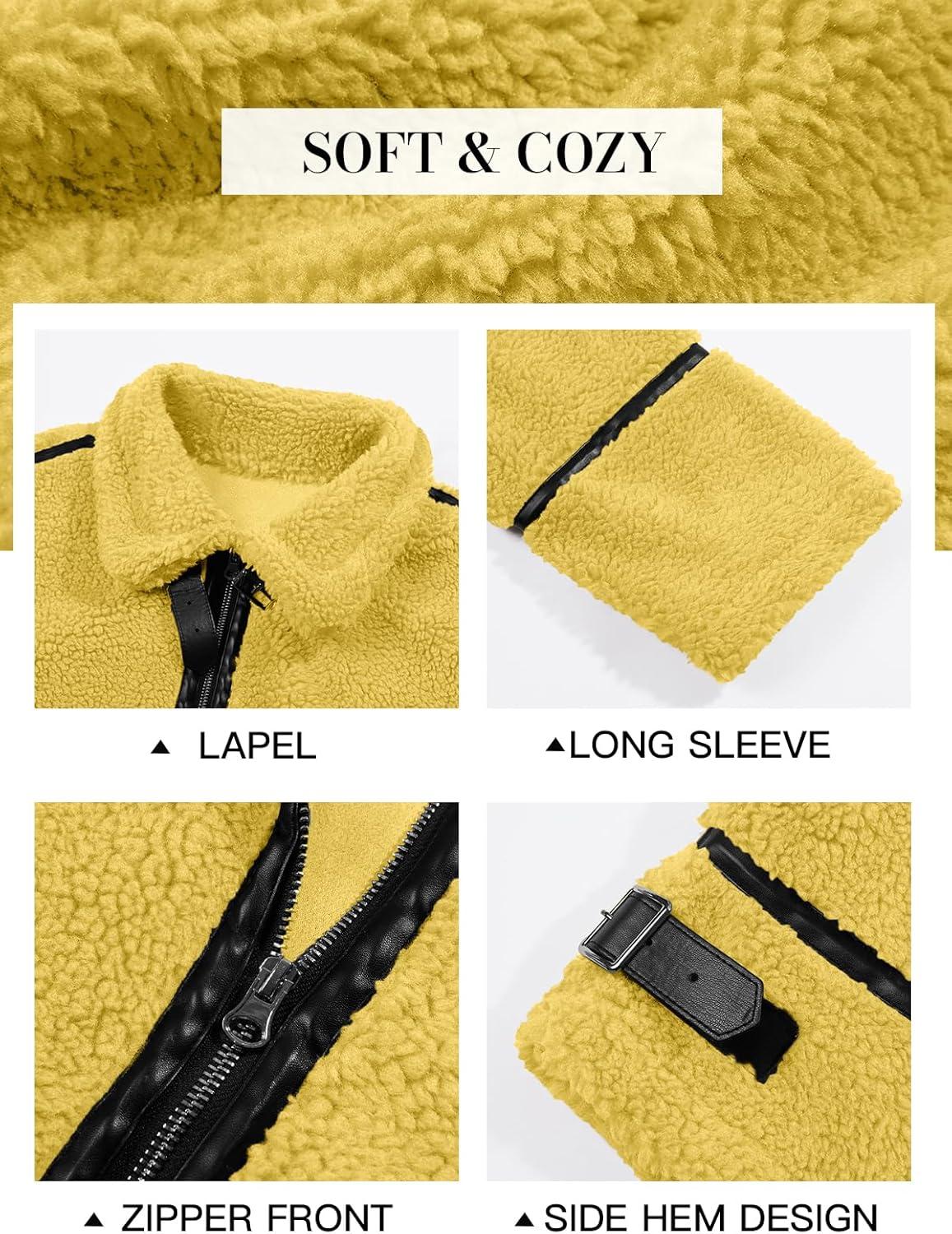 imageTankaneo Womens Faux Fur Jackets Winter Trendy Sherpa Moto Leather Patchwork Zip Up CoatYellow