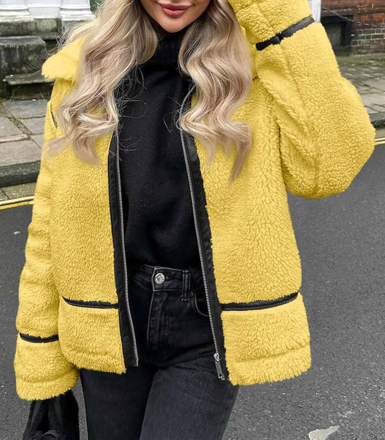 imageTankaneo Womens Faux Fur Jackets Winter Trendy Sherpa Moto Leather Patchwork Zip Up CoatYellow