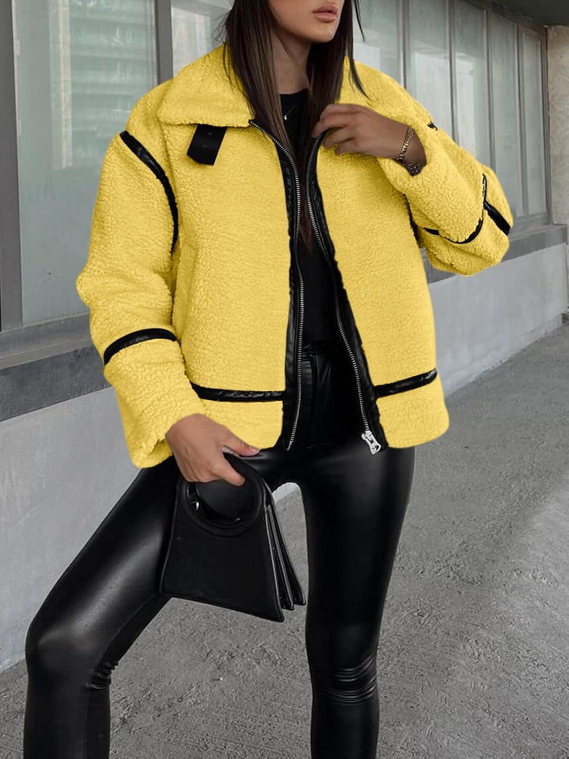 imageTankaneo Womens Faux Fur Jackets Winter Trendy Sherpa Moto Leather Patchwork Zip Up CoatYellow