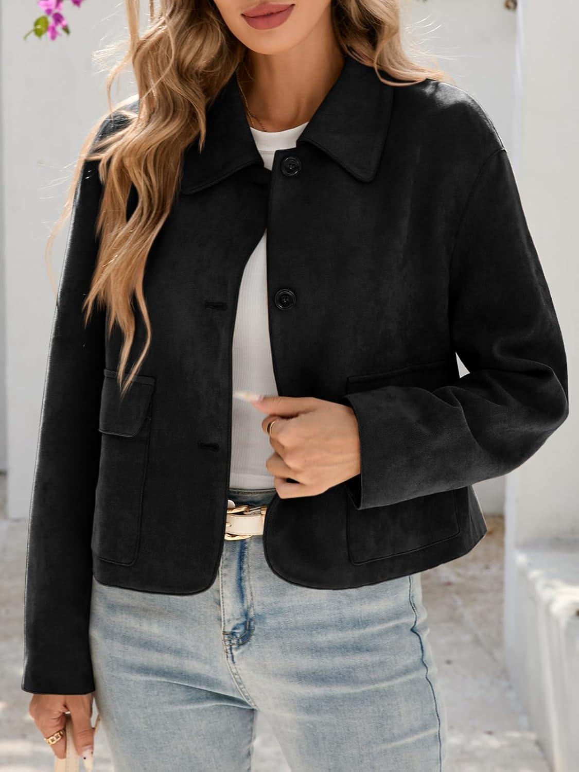 imageTankaneo Womens Faux Suede Leather Jackets Casual Cropped Coats Vintage Button Down ShacketsBlack