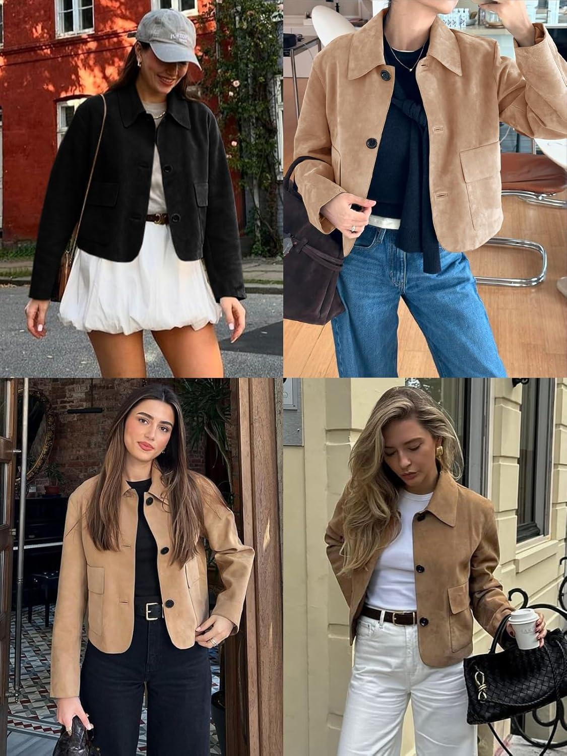 imageTankaneo Womens Faux Suede Leather Jackets Casual Cropped Coats Vintage Button Down ShacketsBlack