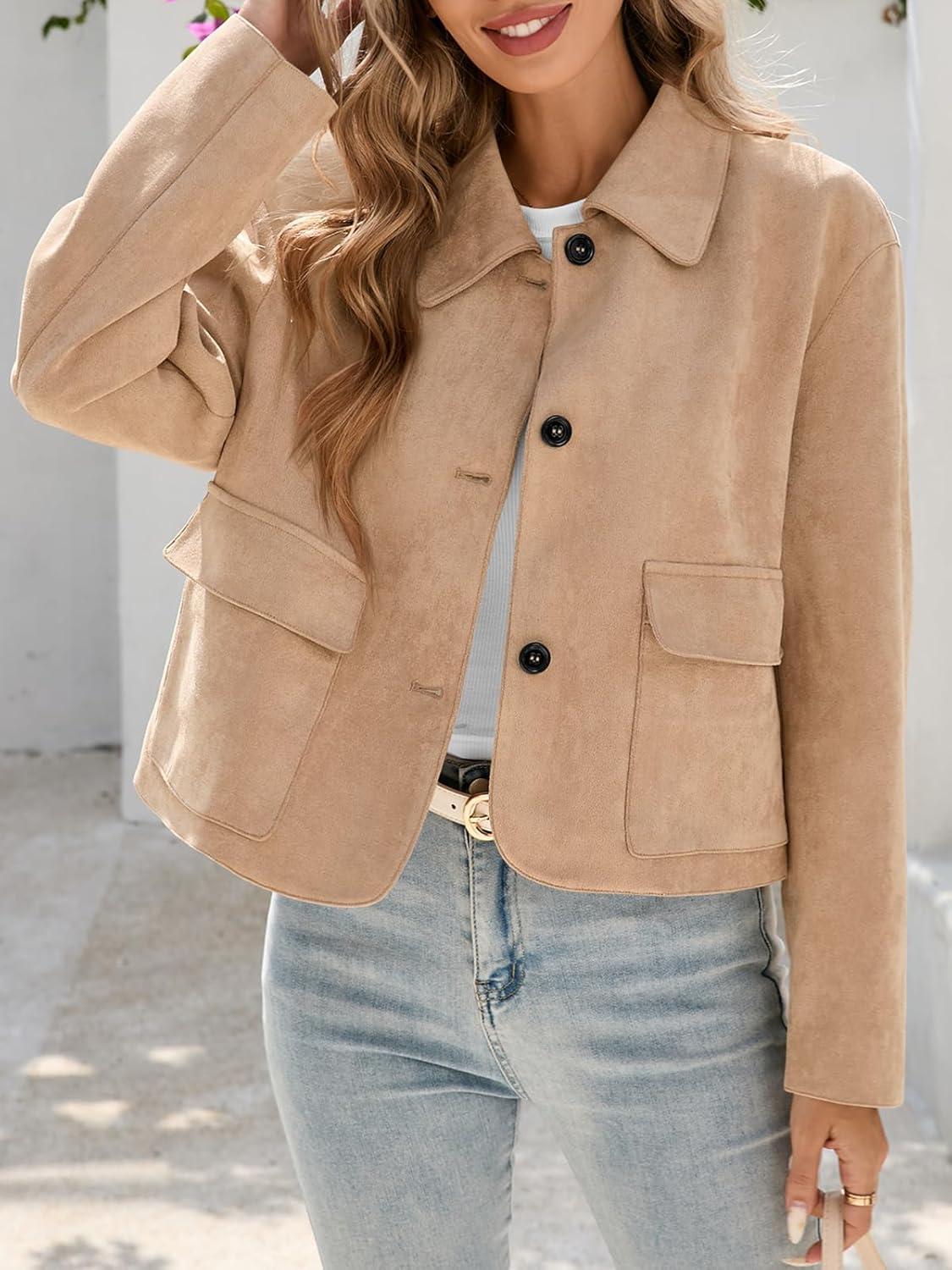 imageTankaneo Womens Faux Suede Leather Jackets Casual Cropped Coats Vintage Button Down ShacketsKhaki