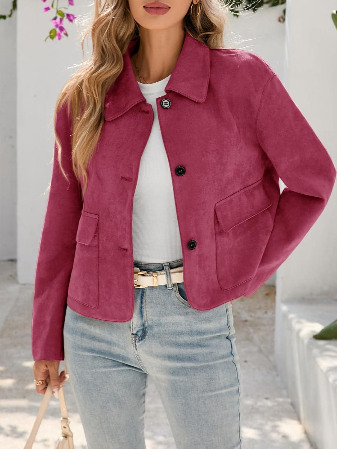 imageTankaneo Womens Faux Suede Leather Jackets Casual Cropped Coats Vintage Button Down ShacketsWine Red