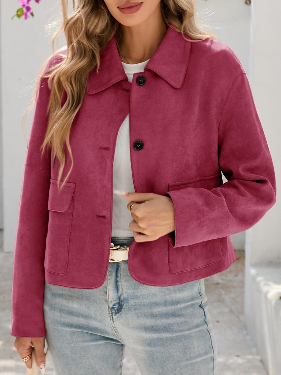 imageTankaneo Womens Faux Suede Leather Jackets Casual Cropped Coats Vintage Button Down ShacketsWine Red