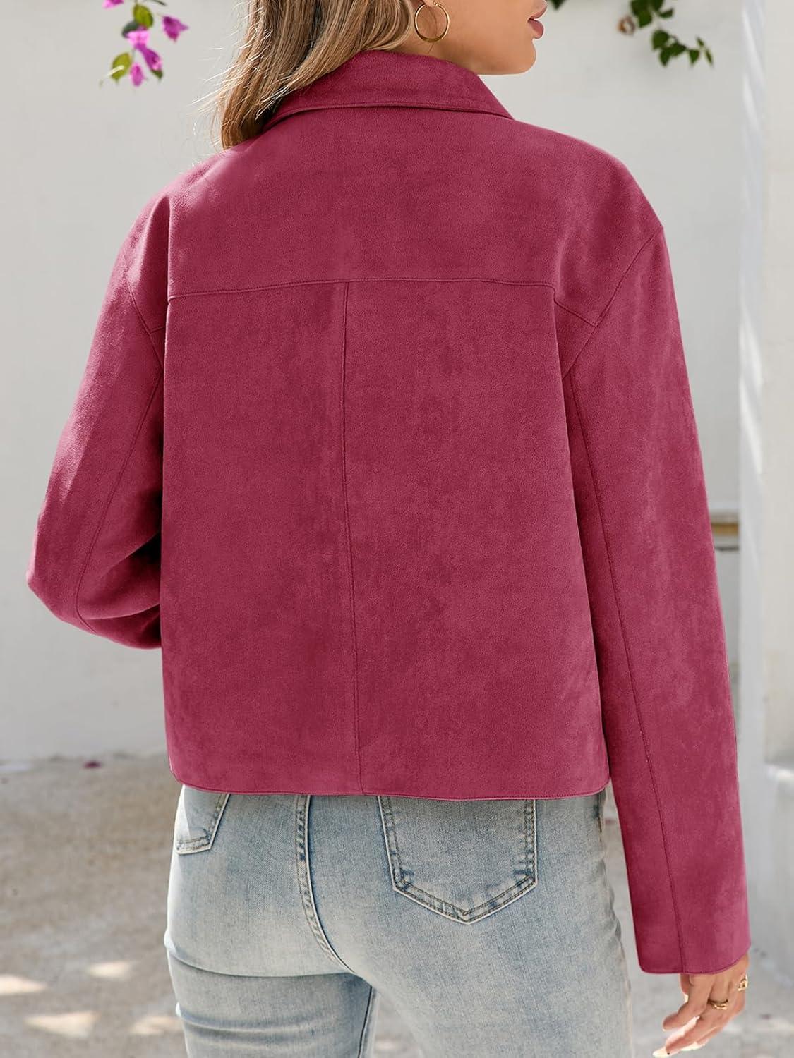 imageTankaneo Womens Faux Suede Leather Jackets Casual Cropped Coats Vintage Button Down ShacketsWine Red