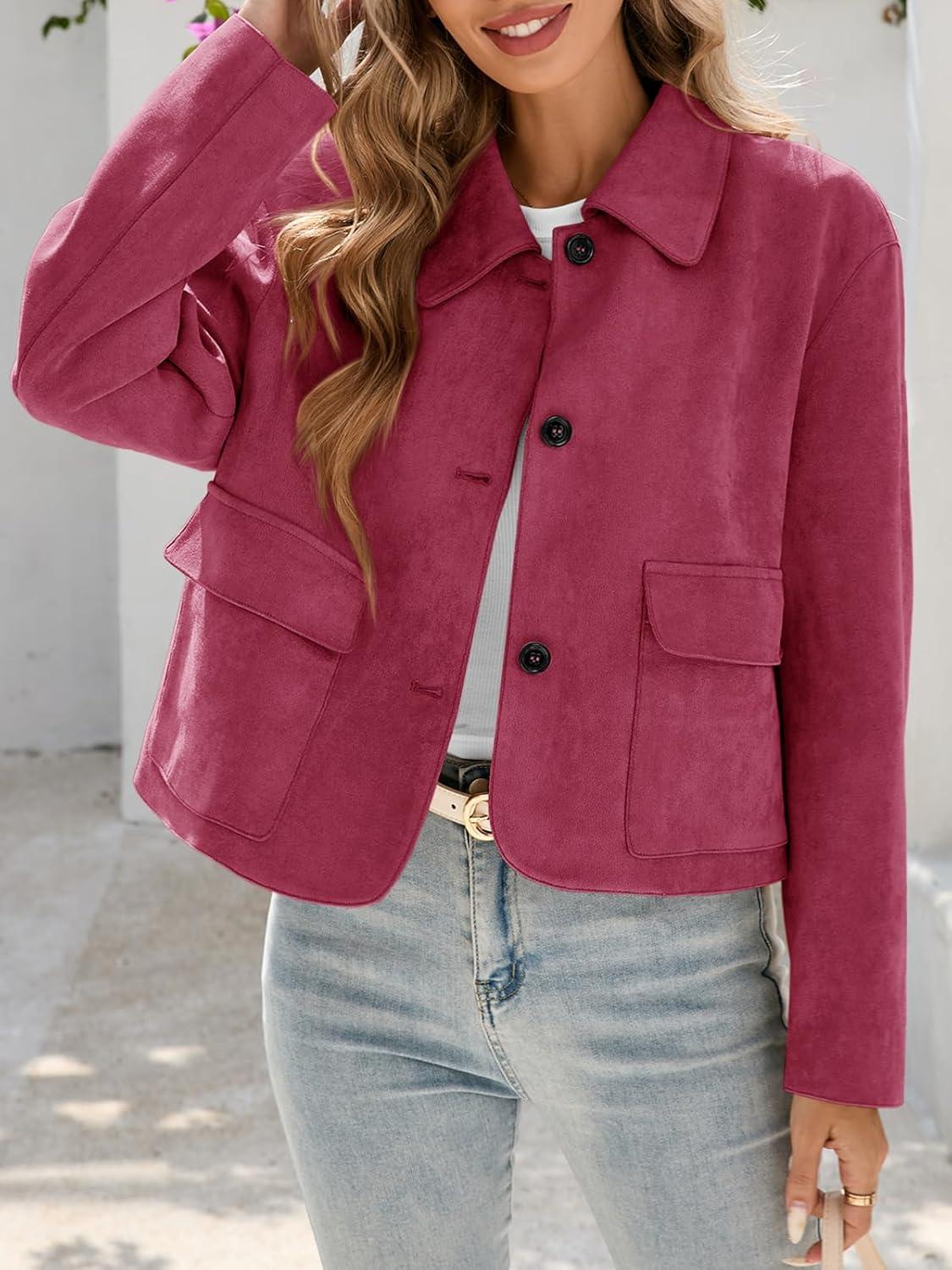 imageTankaneo Womens Faux Suede Leather Jackets Casual Cropped Coats Vintage Button Down ShacketsWine Red
