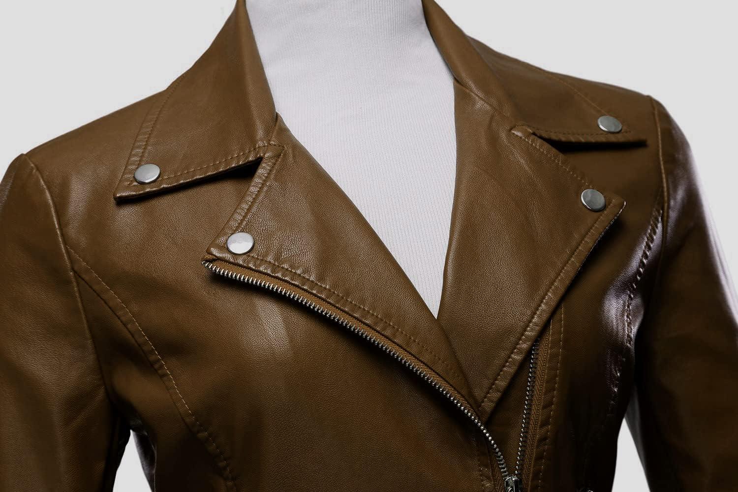 imageTanming Womens Faux Leather Moto Biker Short Coat JacketA Brown