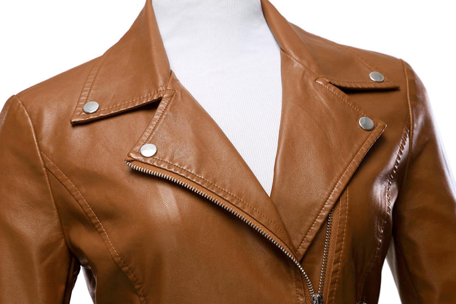 imageTanming Womens Faux Leather Moto Biker Short Coat JacketA Light Brown
